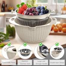 4-1 Colander With Bowl Set - Rotatable Colander Bowl With Measuring Spoons - Fruit Strainer Bowl, Food Strainers And Colanders Funny Presents For Women, Aesthetic Kitchen Gadget Essentials - Beige - 米色 - 查看 7