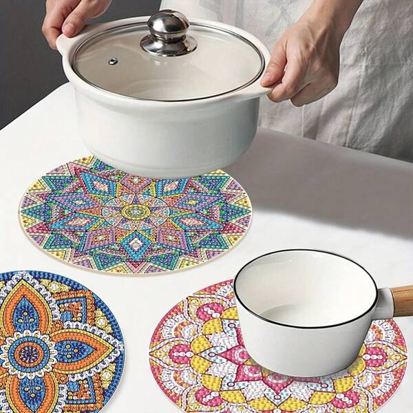 Kit de pintura de diamantes con diseño floral - Juego de 3/4 piezas, forma de diamante redondo, material de madera contrachapada - Posavasos DIY 3D con flores coloridas para decoración de mesa de comedor, herramientas de arte de diamantes para decoración de pared del hogar, patio, dormitorio, sala de estar como regalo.