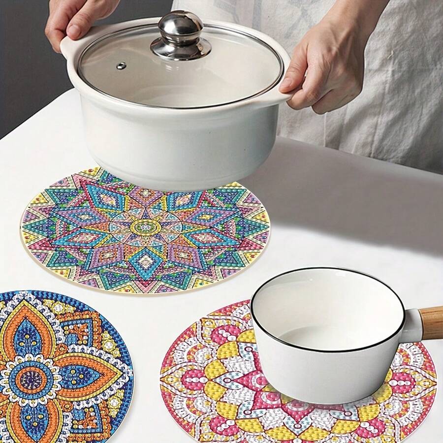 3/4 件套花卉钻石画套装 - 圆形钻石，胶板材质 - DIY 3D 彩色花卉餐垫，桌面装饰，钻石画墙挂工艺品套装，适用于家居、花园、卧室、客厅装饰礼品