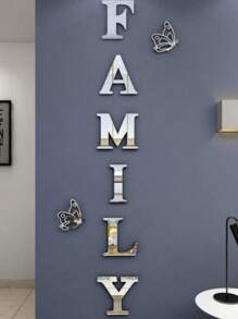 1 Set Of 8pcs Mirror Effect "Family" Slogan & Butterfly Combination Wall Sticker, Waterproof And Self-Adhesive For Kids Room