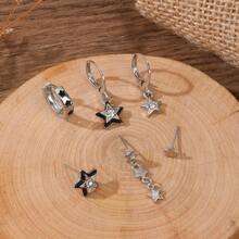 6 أزواج أقراط معدنية سوداء بتصميم نجمي وحلق أذن زركونيا، إكسسوارات حفلة عصرية للمرأة