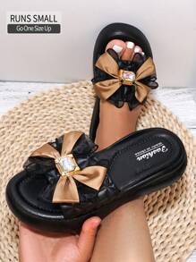 Pantuflas planas con lazo y brillantes para mujer, aptas para uso en exteriores en primavera/verano