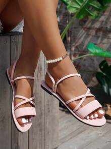 2025 New Summer Minimalist Versatile Open Toe Convertible Roman Beach Flat Sandals - Baby Pink - View 5