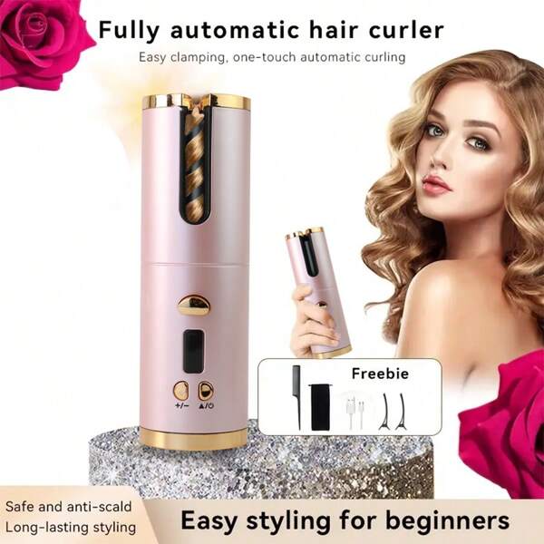 1 pieza Rizador de pelo automático, Rizador de pelo inalámbrico automático, Rizador de cabello giratorio de cerámica con 6 temperaturas y temporizadores, Varita rizadora recargable portátil, Apagado automático, Plancha de calentamiento rápido para peinado