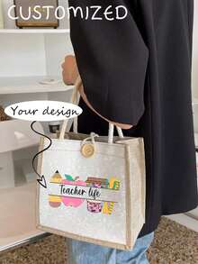 Custom Teacher Tote Bag With Personalized Name,Stylish Shoulder Bag For Educators,Beach Bag,Teacher's Day Gift,Foldable & Lightweight Bags Ladies,Portable,Multifunction,Versatile,Large Capacity,Lightweight,Functional,Practical,All-Purpose,Colorful,Cute,Adorable,Kawaii - Multicolor - View 3