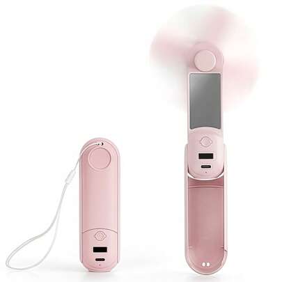 Portable Handheld Fan, 5 IN 1 Mini Foldable Travel Fans With Mobile Phone Holder, Flashlight, Power Bank, Mirror, Pocket Design USB Rechargeable For Travel Concert Lash Makeup, Summer Gifts For Women Girl