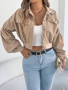 Casual Personalized Street Lantern Sleeve Corduroy Long Sleeve Short Jacket, Spring/Autumn - Khaki - View 5