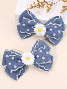 2 piezas Pasadores para el cabello de niña de color azul denim con decoración de margaritas y perlas, accesorios de cabello lindos y elegantes para volver al colegio/días de primavera/uso diario