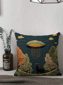 1 件复古风格 18 英寸 X 18 英寸抱枕套 - 刺绣图案，小猫树，柔软毛绒沙发装饰，适用于家庭、卧室、客厅、办公室，可机洗涤纶，拉链开合，装饰枕套采用复古刺绣设计，涤纶纤维填充 - 彩色 - 查看 2