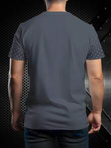 男士时尚拼接短袖T恤，100%涤纶，几何格纹与纯色拼接简约套头衫，透气轻薄夏季面料 - 彩色 - 查看 3