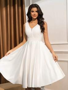 女士新娘礼物派对礼服，蕾丝无袖V领拼接缎面中长款优雅晚礼服，情人节 - 白色 - 查看 6