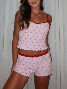 Lounge Sets For Women, Cherry Fruit Print Cami Top & Shorts Set, Casual And Comfortable Summer Pajama , Outfits