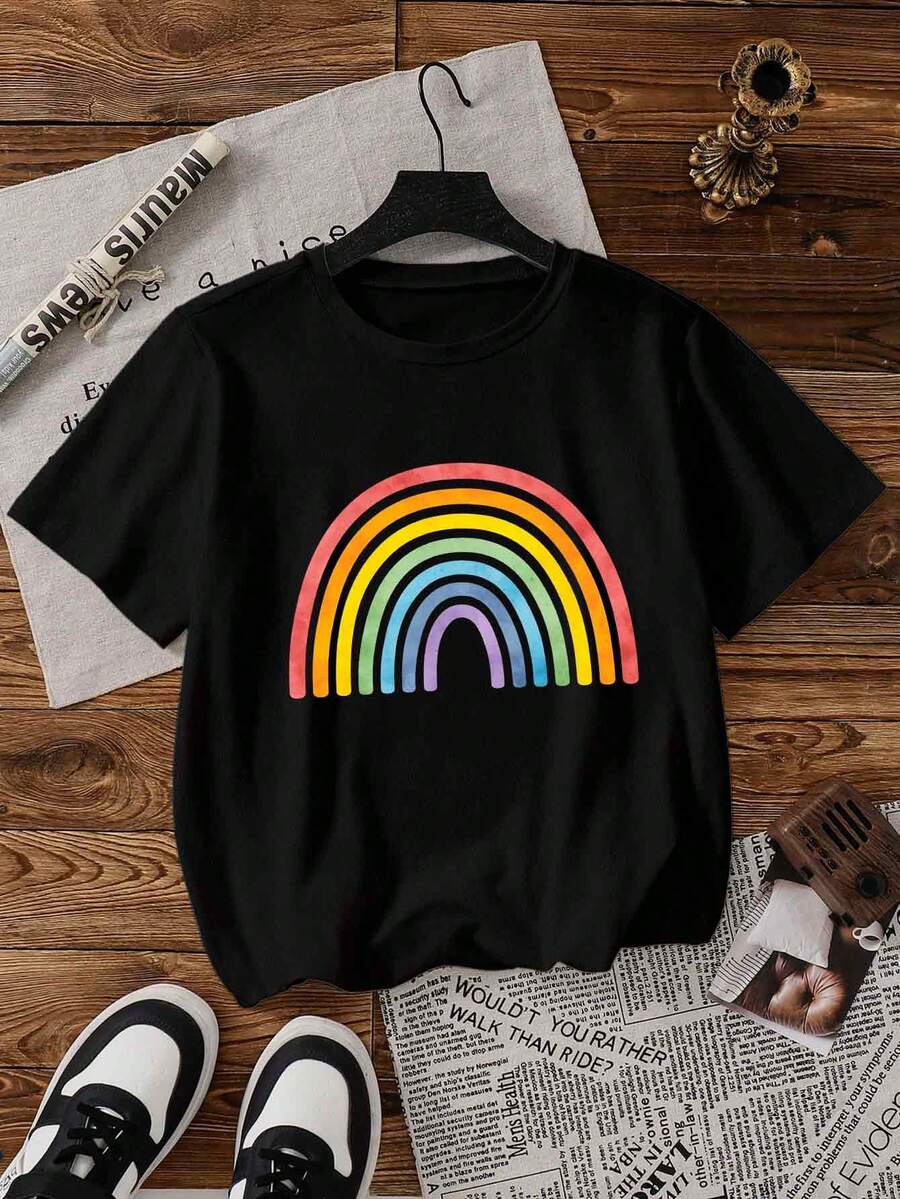 IXOEIS Women's T-Shirt Tops For All Seasons, Cute Graphic Tops, Casual And Comfortable Tops T-Shirts For Women, Pride Month Tops, Graphic Rainbow Heart Tops. Heart Graphic Tops For Casual Holiday Date - Black - View 1