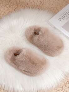 1 Pair Kids/Toddlers' Fabric Winter Slip-On Solid Color Plush Lined Warm Comfortable Casual Indoor/Outdoor Anti-Slip Slippers - Khaki - View 3