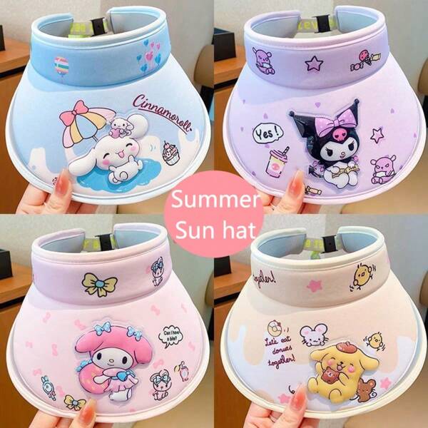 Sanrio 1PC Sanrio Cartoon Character Sun Hat, Featuring Hello Kitty, Hello Kitty, And Yugui Dog Patterns, Adjustable Polyester Fiber Top Hat, Suitable For Outdoor Activities, Cute Breathable Sun Hat, Summer Travel