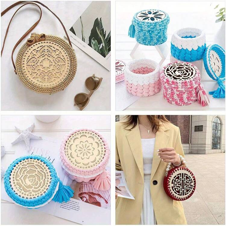 6pcs Set Apricot Crochet Basket With Wooden Bottom And Lid - DIY Weaving Kit For Creative Craft, Dream Theme - Wood Color - View 18