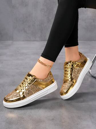 Zapatos deportivos casuales para mujer, zapatos de moda con brillo, tenis planos, zapatillas con cordones, planos ligeros y transpirables