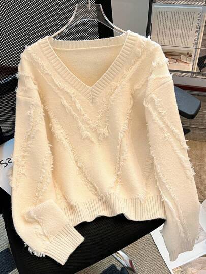 Jersey con cuello en V y flecos, estilo casual y elegante, diseño minimalista, versátil, otoño/invierno
