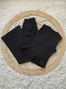 Formal Set Wide Leg Pants High Waist Pockets Tailoring Vest Buttons Simple Elegant Casual Pocket Zipper - 黑色 - 查看 3