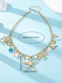 1 pieza Collar con colgante de estrella de mar de estilo océano de verano, collar con colgante de concha marina, cadena de clavícula estilo vacacional en color dorado con múltiples colgantes, joyería de moda para mujer, adecuada para fiesta de playa y uso diario