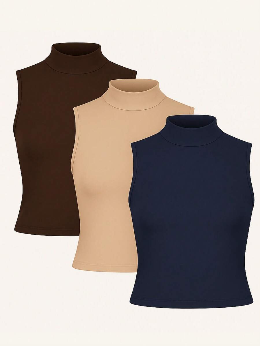 Kit 3 High Neck Blouse Suplex Basic Women's Casual Tank Top - 棕色/米色/海軍藍 - 查看 1