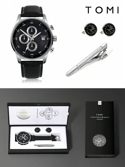 TOMI Reloj de pulsera analógico con caja de regalo que incluye tres esferas de cuarzo, caja de aleación de zinc, correa y juego de gemelos y corbata, diseño sencillo para hombres