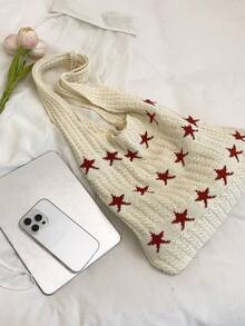 Túi Tote Dệt Kim Pentagram, Túi Dệt Kim Phong Cách Tối Giản Cross-Border, Túi Đeo Vai Dung Tích Lớn Cá Nhân Hóa Thời Trang - Màu be - Xem 7