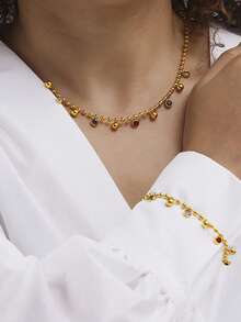 MiDuoDuo 2pcs/Set Luxurious Colorful Zirconia Tassel Necklace & Bracelet Stainless Steel Customized Accessories Gift For Women, Style - Colorful Necklaces & Bracelets - View 7