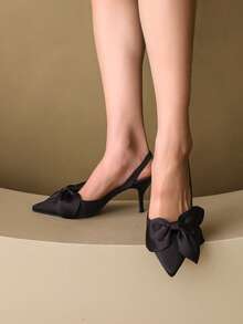 春夏新款蝴蝶结包头凉鞋，细跟女式一脚蹬穆勒鞋，百搭高跟鞋，尺码偏小 - 黑色 - 查看 4