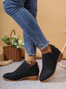 Nude Color Ankle Boots With Back Zipper, Plus Size, Bohemian Vintage Style, Spring/Summer Design - Black - View 3