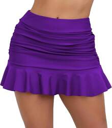 Halcurt Women's High Waisted Ruched Ruffle Swim Skirt With Shorts Tummy Control Tankini Swim Skort Bikini Swimsuit Bottoms - Purple - View 1