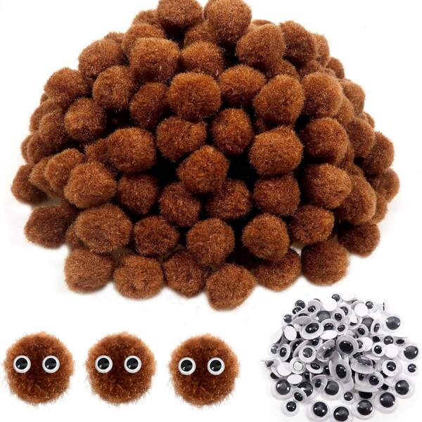 200pcs Brown Pom Poms 1 Inch Craft Pom Poms Balls Arts And Crafts Supplies With 100pcs Googly Wiggle Eyes For DIY Crafts Projects Home Decorations