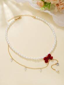 1pc Elegant Faux Pearl, Cubic Zirconia Flower & Bow Design Necklace, Suitable For Women's Daily Wear, Weddings, Engagements, Parties, Gift