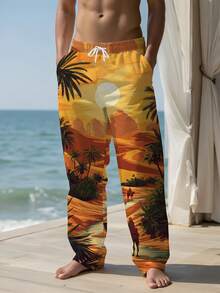 Men's Summer Casual Outdoor Sunset Graphic 3D Digital Print Drawstring Relaxed Fit Pants, Suitable For Holiday, Daily Casual, Beach