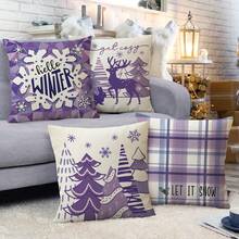 4pcs, Purple Winter Decorative Throw Pillow Covers, Snowflake Christmas Tree Deer Rabbit Porch Patio Outdoor Pillowcase, Snow Plaid Farmhouse Cushion Case Home Decor