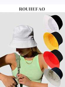 1 件男女通用双面纯色户外太阳帽，时尚防晒渔夫帽 - 彩色 - 查看 10