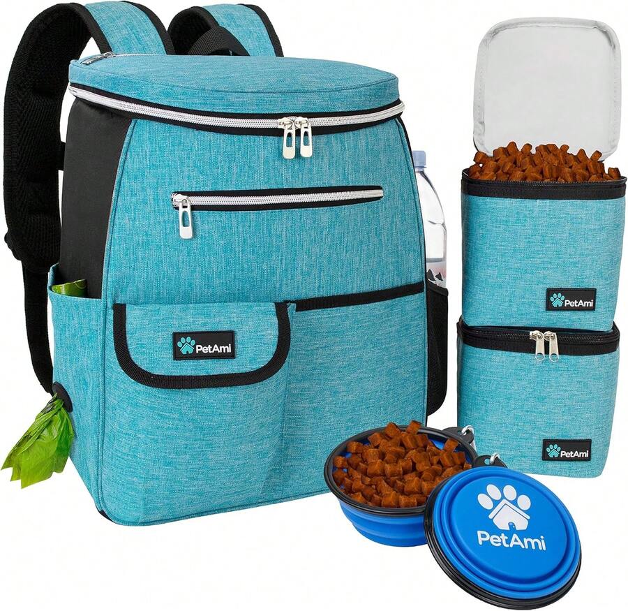 Dog Travel Bag Backpack, Airline Approved Dog Bags For Traveling, Puppy Diaper Bag Supplies, Pet Camping Essentials Hiking Accessories Dog Mom Gift, Food Container, Collapsible Bowls, Teal Blue - 藍色 - 查看 1