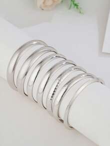 Bộ 7 vòng tay kim loại dày, bộ vòng tay nữ, bộ trang sức vòng tay nhiều lớp, bộ vòng tay dày. - Bạc - Xem 3