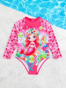 Bộ đồ bơi liền thân dài tay in hình nàng tiên cá hoạt hình cho bé gái - Màu Hồng Tươi - Xem 2