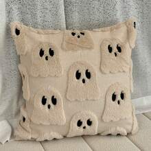1 Pc Halloween Cute 3D Ghost Embroidered Plush Pillow Cover, Quilted Decorative Cushion Cover, Holiday Gift And Party Decor (Cover Only, No Pillow Insert) - White - View 13