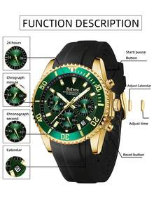 BIDEN Men's Watch Diving Bezel Chronograph Waterproof Luminous Design Rubber Strap Sports Analog Date - Green - View 9