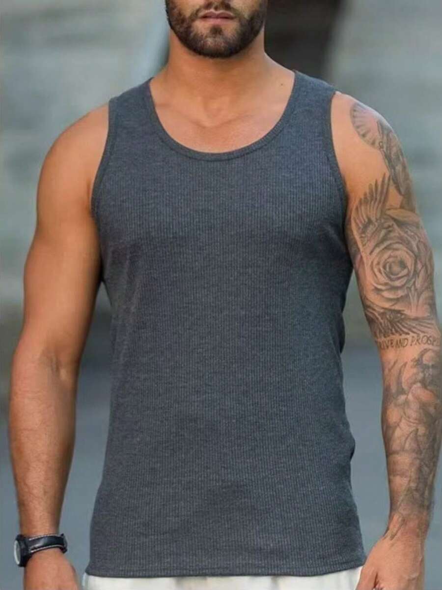 Men's American Style Ribbed Knit Tank Top - Gris Oscuro - Ver 1
