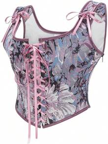 Womens Vintage 1920s Renaissance Lace Trim Corset Bustier, Retro Fashion - 紫色雛菊 - 查看 3