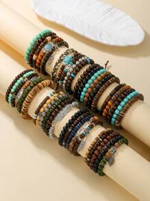 5pcs/6pcs Set Vintage Bohemian Wooden Bead, CCB, Zinc Alloy, Resin Leaf, Turtle, Infinity Symbol Elements Handmade Braided Bracelet Set Suitable For Men And Women, Daily, Beach, Holiday Wear
