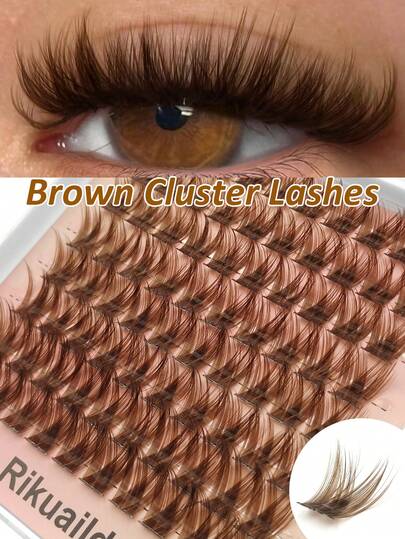 Rikuaild 80pcs D-Curl Fluffy Brown Colored Lightweight Cluster False Eyelashes, Thick & Voluminous Individual Lashes, Natural Brown Makeup, Soft & Comfortable, Suitable For DIY Eyelash Extension At Home, Eyelash Clusters, Individual False Lashes
