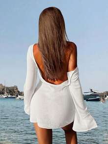 Women's Minimalist Sexy Sheer Lightweight Beach Vacation Flare Sleeve Backless Solid Color Fitted Cover-Up Mini Dress, Spring/Summer