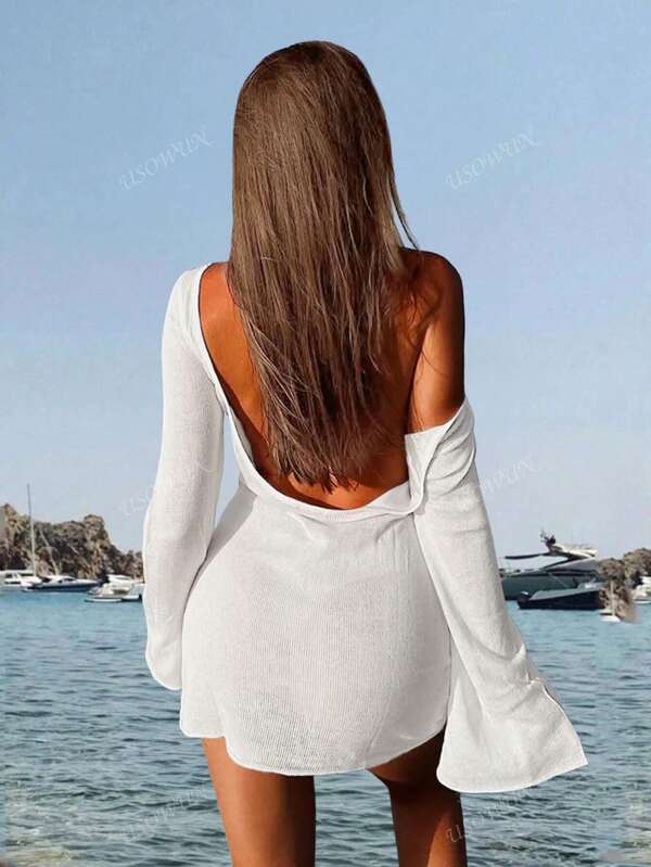 Rochie mini minimalistă sexy, transparentă, pentru plajă, cu mâneci evazate, fără spate, culoare solidă, mulată, model primăvară/vară