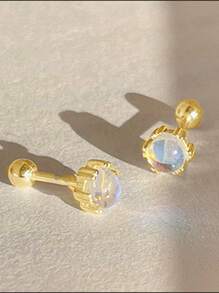 2pcs Moonstone Earrings For Women, Minimalist Summer Stud Earrings With Screw Back Closure, Petite Ear Jewelry For Daily Wear