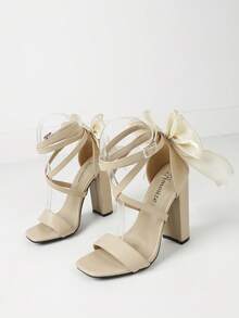 Timesize 女士花卉蝴蝶结凉鞋，杏色粗跟办公室正式婚礼工作鞋，超高跟鞋夏季新品