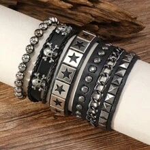 4pcs Wide PU Leather Skull & Pentagram Bracelet Set - Handmade Multi-Layer Studded Leather, Skull Beaded Wristband, Ideal Jewelry Gift For Men And Teenage Boys